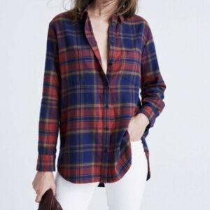Madewell oversized boyfriend button up plaid shirt orange blue fall XS
